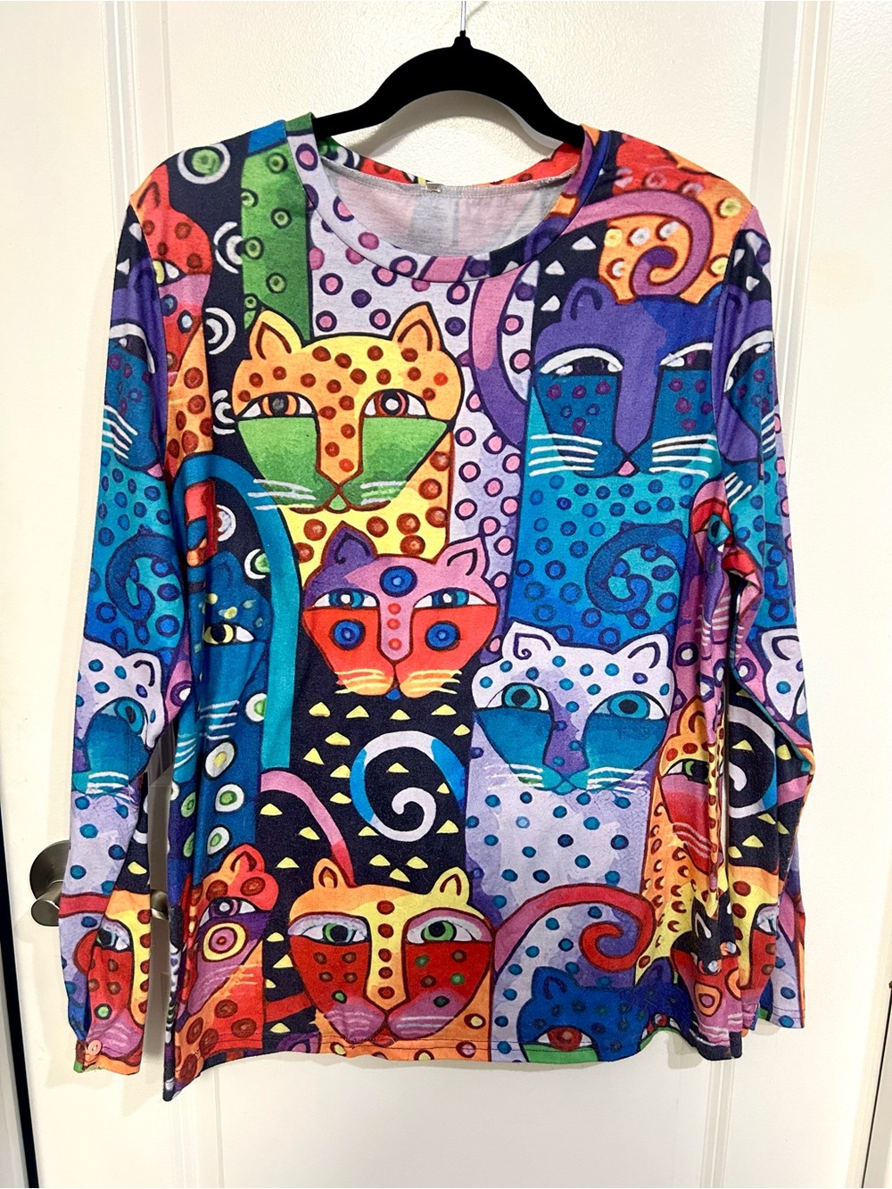 Colorful Multicolor Cat Print Long-Sleeve Women's Blouse
